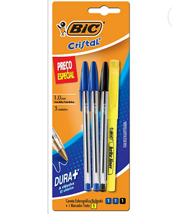 Kit Bic 3 Canetas Cristal Dura Mais + 1 Pincel Marcador De Texto
