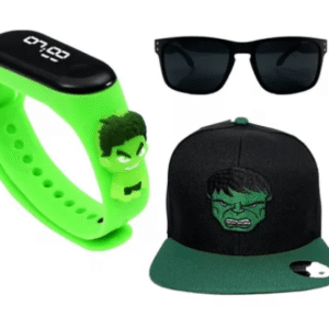 Kit Relógio Led Boné Óculos Personagens Crianças Acessórios  hulk